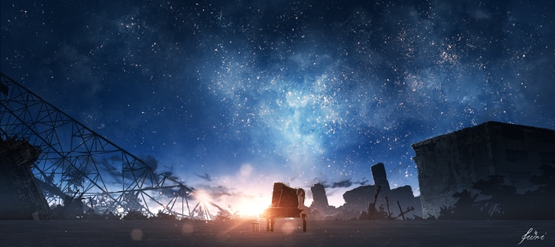 4K, sunset, starry night, moescape, piano