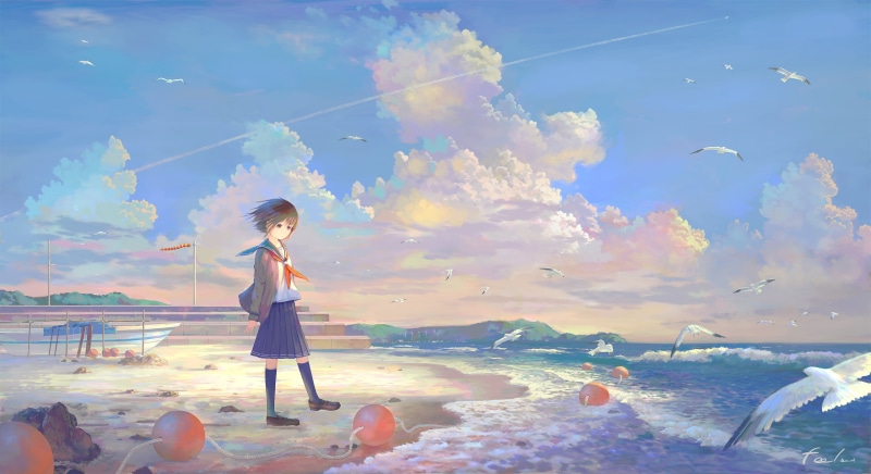 moescape, beach, clouds, school uniform, landscape, 2K, original characters, sky, anime girls, shore