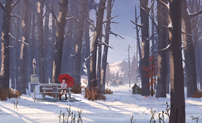 school uniform, 1080P, anime girls, umbrella, moescape, snow, forest, landscape, original characters