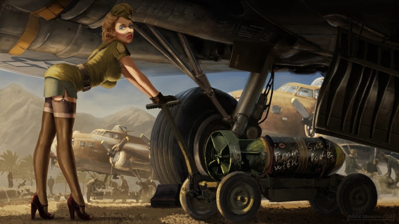 occupation, 1080P, young adult, looking at camera, full length, Eddie Bennun, day, clothing, military aircraft, men, adult, tire, artwork, land vehicle
