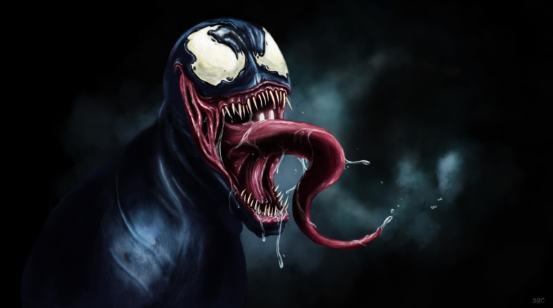 one person, fear, Marvel, Venom, indoors, Eddie brock, disguise, 5K, sport, red, creativity, black background, body part, leather, mask, clothing, hood