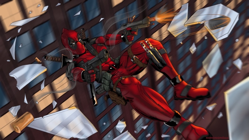 comic art, broken glass, weapon, Deadpool, 1080P, gun, antiheroes