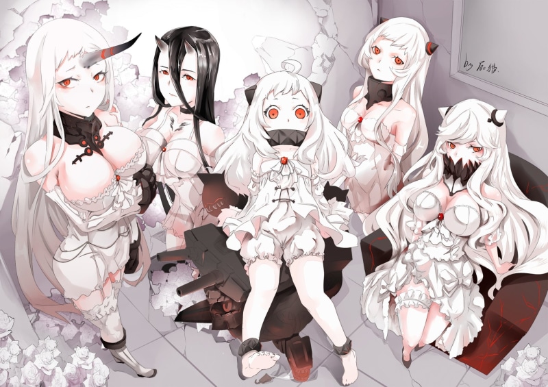Flower, Seaport Princess (Kancolle), skeleton, White Hair, Dress, fun, female likeness, Northern Ocean Hime, Bloomers, table, Thigh Highs, Horns, large group of objects