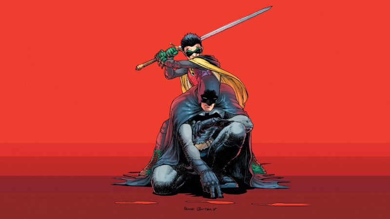 aggression, copy space, sword, warrior, body Armor, males, people, emotion, adult, colored background, full length, power, fighting, red, Damian Wayne