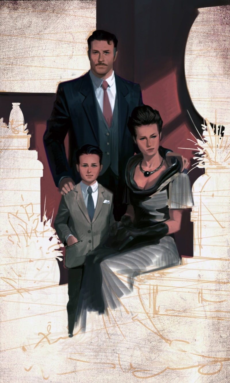 businessman, smiling, two people, indoors, people, suit, looking at camera, portrait, beautiful woman, adult, artwork, front view, young men, comic art