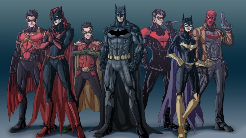 side by side, indoors, studio shot, people, variation, Bruce Wayne, human representation, men, 2K, Tim Drake, in a row, women, Jason Todd, human body part