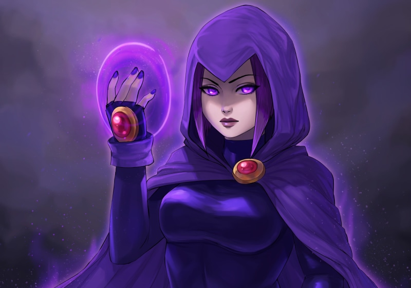 4K, raven, girl, DC Comics, teen titans, art, chest, hood