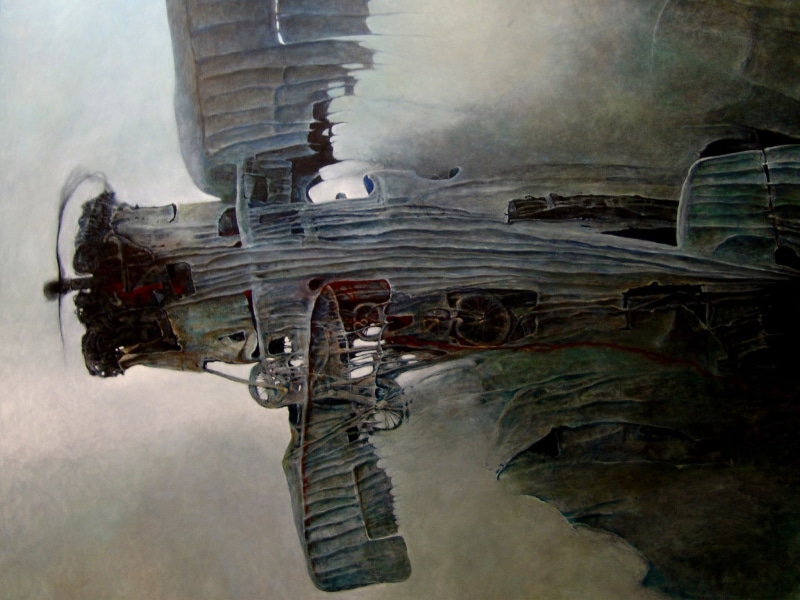 war, detailed, Zdzisław Beksiński, aircraft, dreamy, 1080P, gloomy, nightmare, traditional art, artwork, airborne, fantasy art, planes, dark, dreamscape