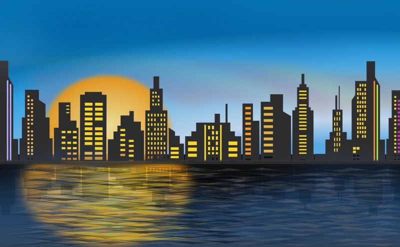 building exterior, illuminated, blue, dusk, sunset, water, nature, office building exterior, no people, river, modern, architecture, built structure, skyscraper