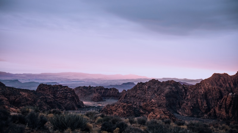rock formation, travel destinations, vegetation, tranquil scene, blue, building, solid, dreamscape, environment, semi-arid, utah, tranquility, bush, panoramic