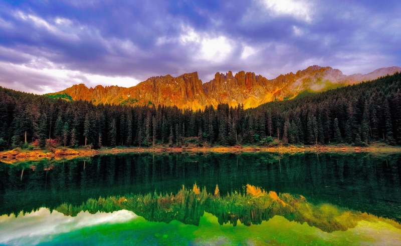 Mountain, dreamscape, tranquil scene, landscape, plant, Lakes, woodland, mountain range, evergreen tree, Lake, 2K, land, no people, Nature, tranquility