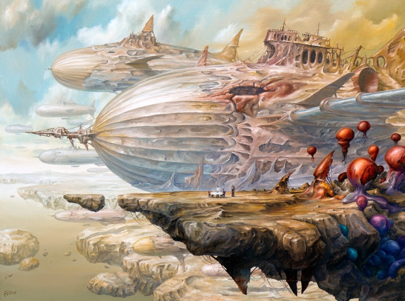 situation, fantasy, woman, fantasy art, dream, man, dreamscape, Steampunk, clock, table, painting, rocks, airship, flying, artwork, surreal, sky, fantasy ship