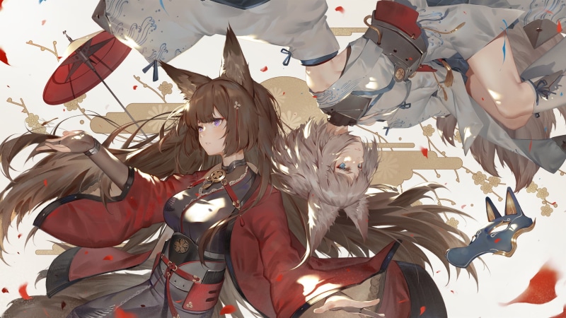 illustration, artwork, Amagi (Azur Lane), drawing, digital art, Chika Toriumi, tail, 1080P, fox girl, Azur Lane, purple eyes, digital painting, Kaga (Azur Lane)