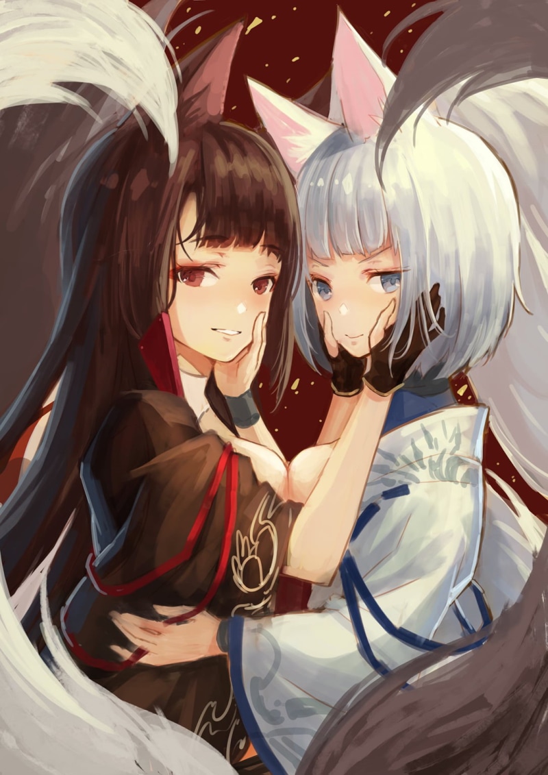 smiling, painting, Mai Okuma, kimono, anime, brunette, looking at viewer, foxy ears, red eyes, Kaga (Azur Lane), women, animal ears, digital art, 2D, 720P
