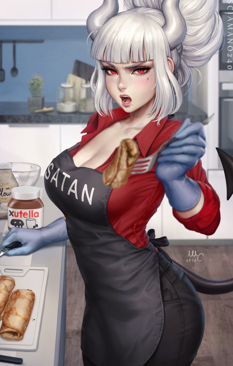 fan art, 2K, women, anime girls, anime, digital art, illustration, horns, short hair, red eyes, artwork, Sciamano240, Lucifer (Helltaker), drawing, white hair