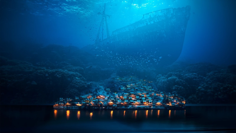 plant, nautical Vessel, nature, town, reflection, cave, untitled, animal themes, night, abyss, sunken, animals in the wild, tree, sink, pollution, deep
