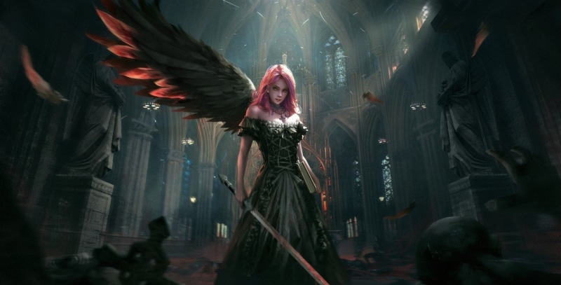 arts culture and entertainment, evil, Pink Hair, Angel Warrior, waist up, young adult, Woman, mouth open, Sword, costume, spooky, witch, indoors, Fantasy