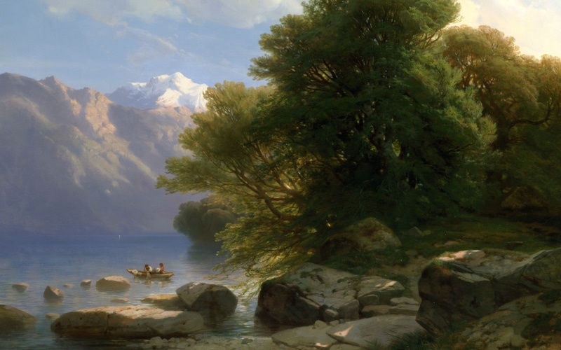 no people, water, tranquility, scenics - nature, nature, classic art, painting, 1080P, sky, sunlight, tree, land, tranquil scene, boat, outdoors, trees