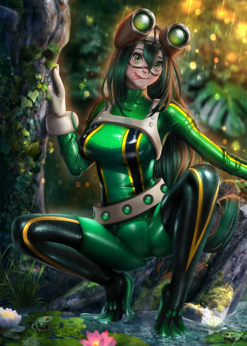 fan art, goggles, illustration, green eyes, tight clothing, Boku no Hero Academia, Tsuyu Asui, anime girls, anime, Ayya Sap, looking at viewer, water lilies