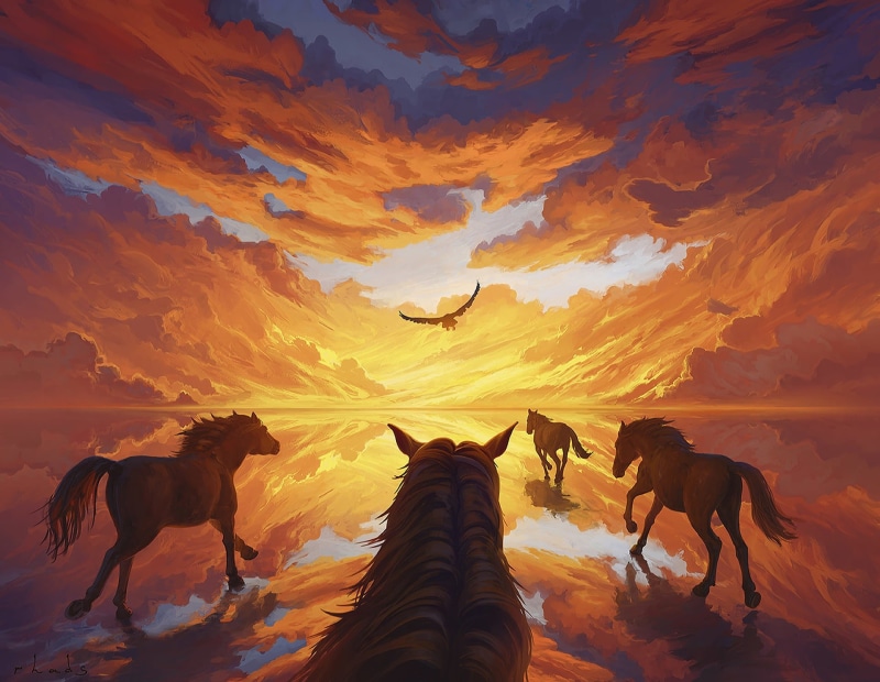horse, animal themes, roses, herbivorous, animal, medium group of animals, scenics - nature, running, domestic animals, artwork, domestic, land, animal wildlife