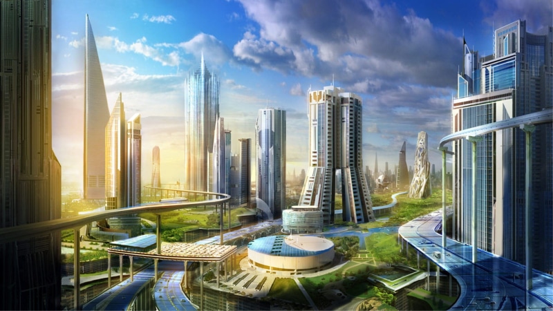 nature, science fiction, cityscape, city, built structure, futuristic, outdoors, digital, 1080P, tower, tall - high, apartment, no people, sunset