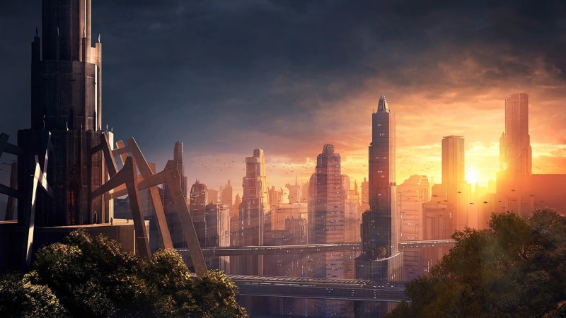built structure, skyscraper, futuristic city, modern, plant, architecture, digital art, travel destinations, 1080P, futuristic, sunset, no people, cloud - sky