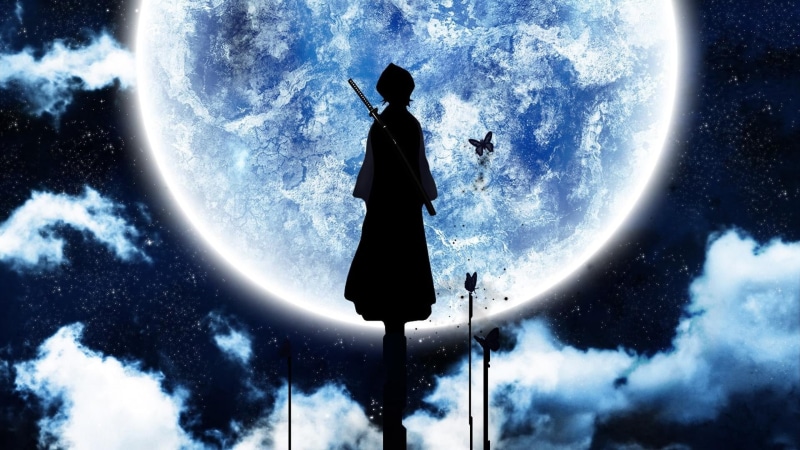 digital, outdoors, art, space, night, blue, silhoutte, cloud - sky, standing, adult, Kuchiki Rukia, star - space, women, person, real people, Bleach, three quarter length