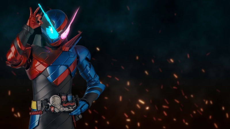glowing, kamen rider build, front view, tokusatsu, costume, burning, night, standing, celebration, festival, illuminated, event, holding, men, heisei, one person