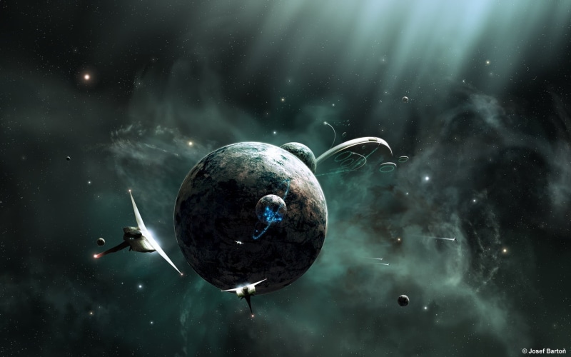 dust, sky, JoeyJazz, 720P, spaceship, outdoors, space art, star field, planet - space, planet earth, digital composite, science, star, digital