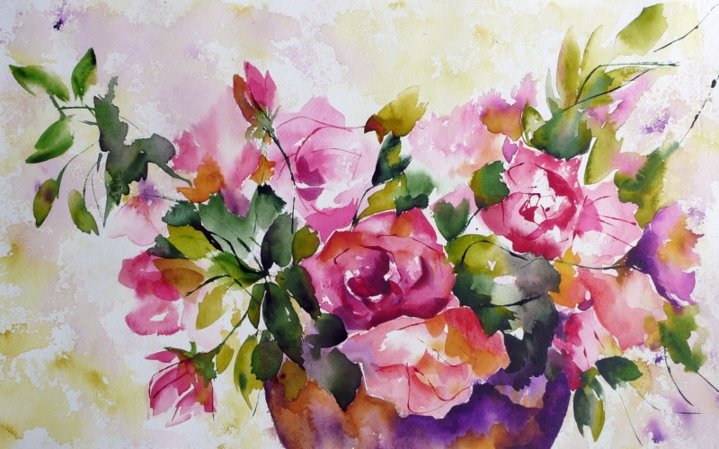Painting, green, Watercolor, 2K, pink, Flowers
