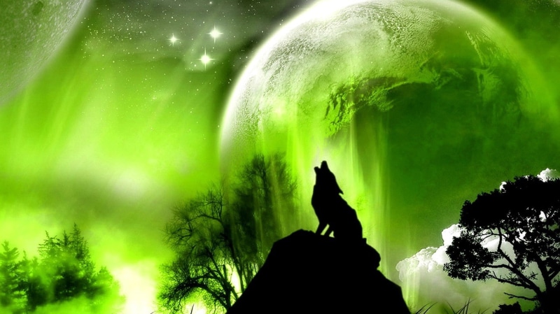hd, wolves, wolf, space, planets, trees, moons, animals, outer, x, Green, 720P, moon, outer space, art