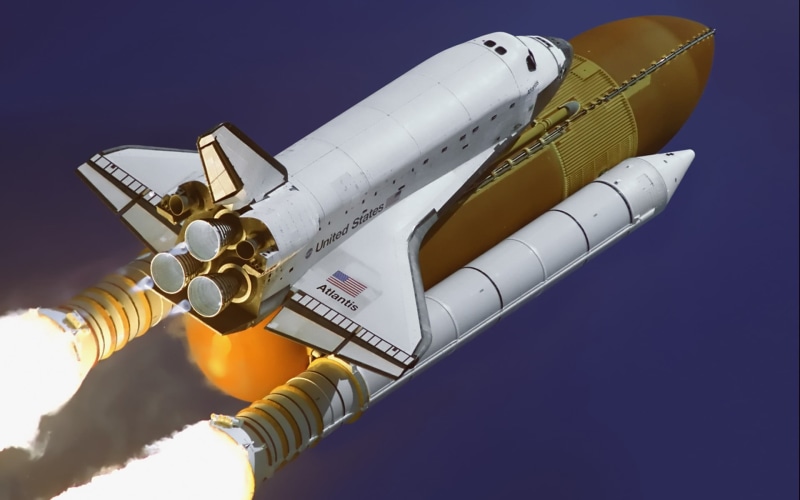 hand, vehicle, day, low angle view, white, spacecraft, human hand, sunlight, mode of transportation, Space Shuttle Atlantis, outdoors, air vehicle, real people