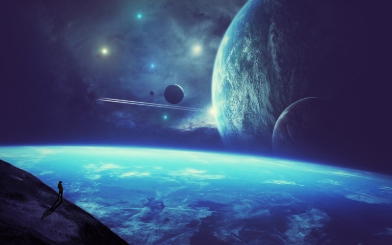 sky, planet earth, sea, solar system, moon, 1080P, night, planet - space, planet, digital composite, blue, astronomy, stars, planetary moon, star - space