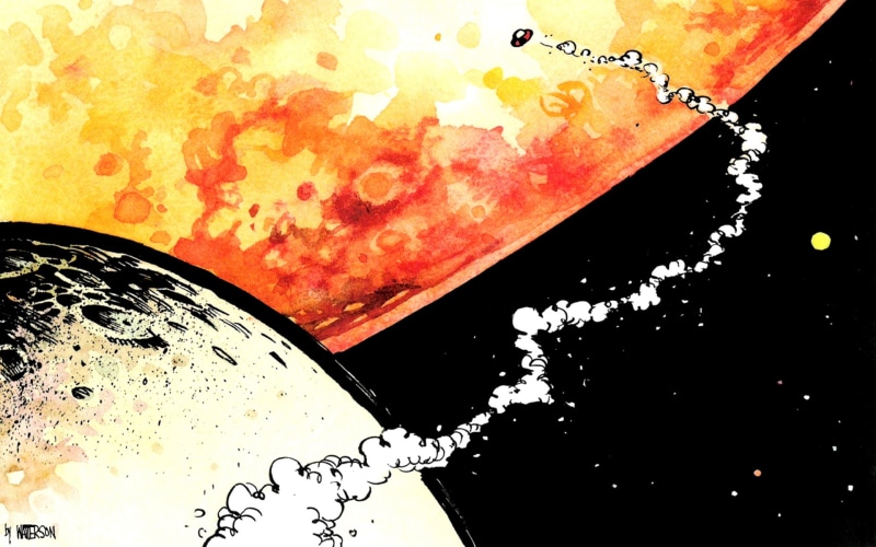 yellow, hd, Black, moons, calvin, outer space, 1080P, x, art, spaceman, red, planets, hobbes, spiff, smoke, spacescape, space, outer