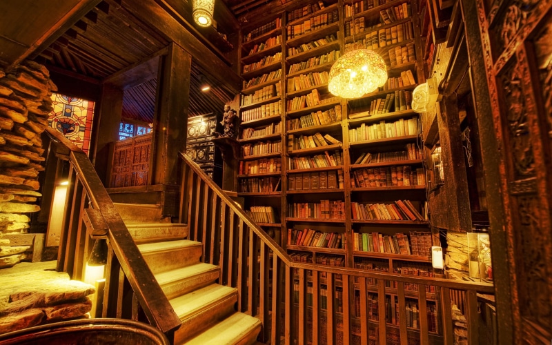 steps and staircases, publication, stairs, building, title, ceiling, architecture, large group of objects, built structure, books, Library, chandelier