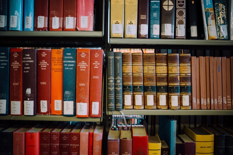 shelf, seminary, shelving, rack, bookshelf, education, bible, arrangement, indoors, still life, side by side, title, order, collection, learning, read