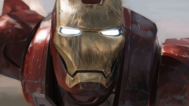retro styled, glass - material, chrome, iron, shiny, mode of transportation, red, focus on foreground, Iron Man, man, Marvel Cinematic Universe, reflection