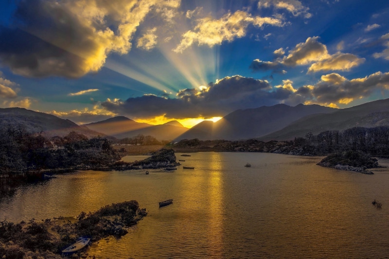 sun, mountains, Lake, instagram, photography, 1080P, sun rays, Landscapes, Sunset, killarney, rays, Ireland, clouds, beauty, water
