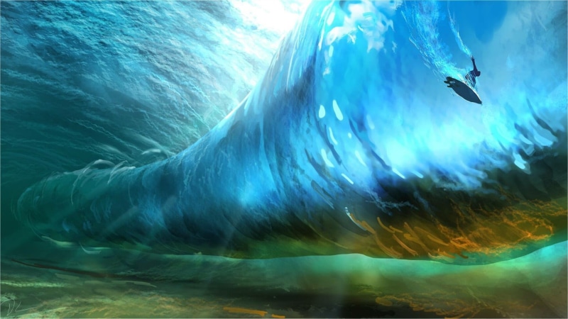 digital painting, green, surfers, drawing, digital, illustration, surfing, waves, tropical water, 1080P, sea, lights, blue, digital art, nature, water
