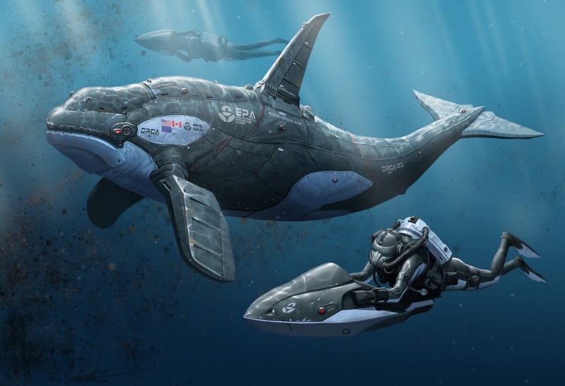 digital art, group of animals, animal themes, men, animal, fantasy art, swimming, 1080P, animal wildlife, aquatic sport, machine, diving, gray, nature
