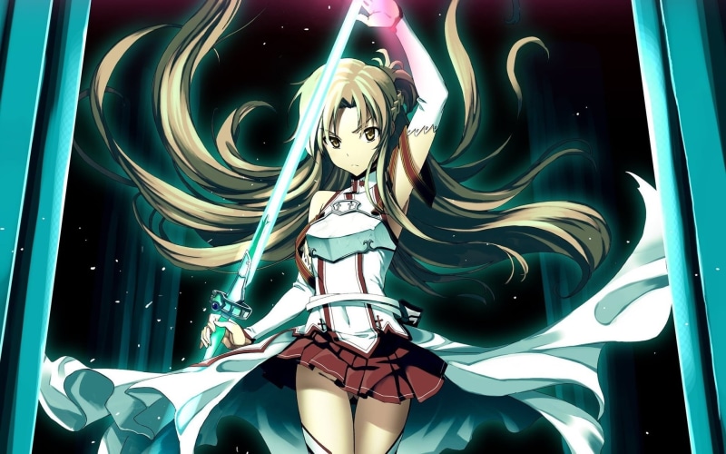 human representation, male likeness, anime girls, holding, illuminated, Yuuki Asuna, sword, creativity, built structure, multi colored, brown