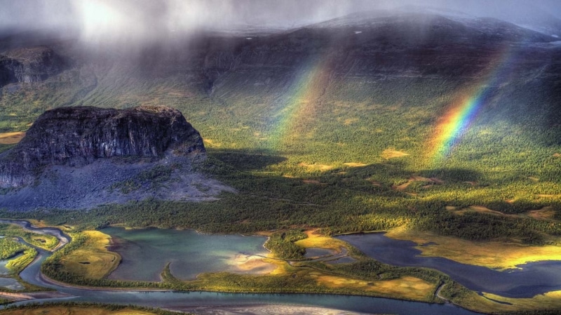 nature, forest, solid, body, no people, water, idyllic, landscape, rainbows, beauty in nature, outdoors, river, non-urban scene, mist, multi colored, Sweden