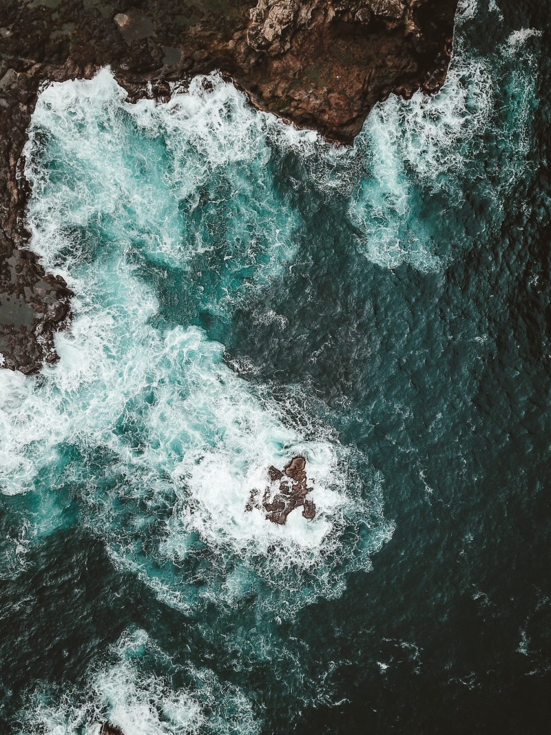 rock, choppy, power in nature, no people, rock - object, sea, outdoors, high angle view, sport, near, nature, 4K, rough, shore, waterfront, brown, aerial view