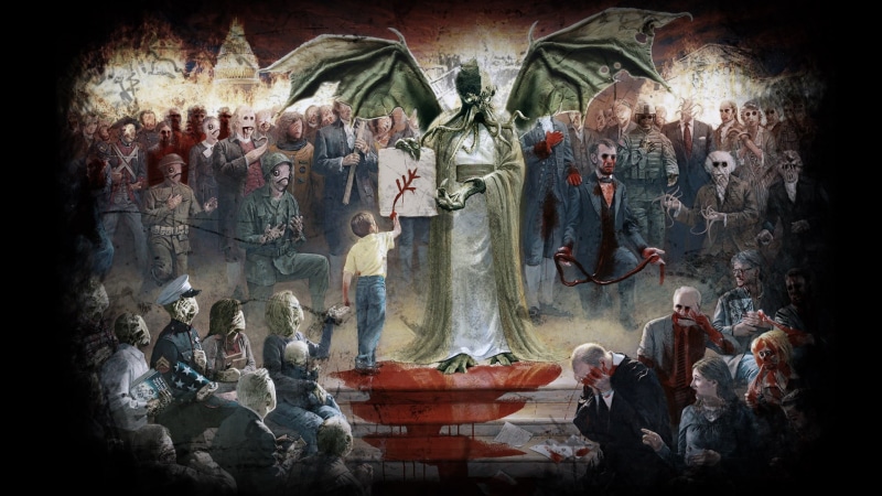 Cthulhu, art and craft, architecture, artwork, adult, creature, group of people, children, belief, demon, religion, blood, place of worship, indoors, boy