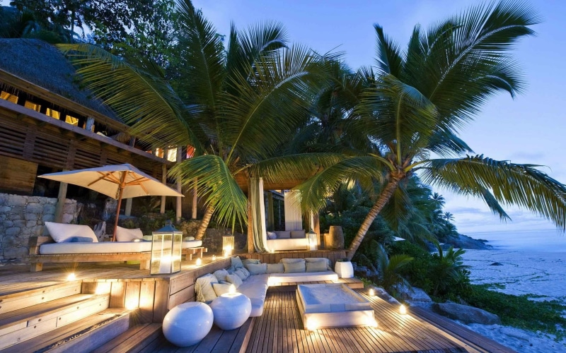 modern, 2K, no people, nature, wealth, trees, island, tree, sky, tropical, plant, water, palm tree, luxury, building exterior, palm trees, dusk, tropical climate