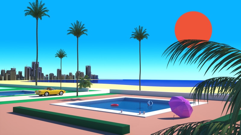 vaporwave, red sun, 4K, palm trees, swimming pool, car, Trey Trimble