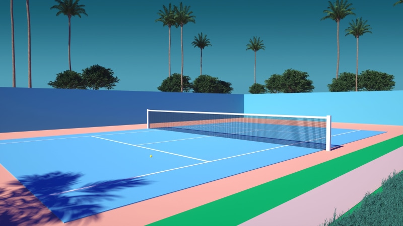 4K, tennis court, palm trees, vaporwave, Trey Trimble