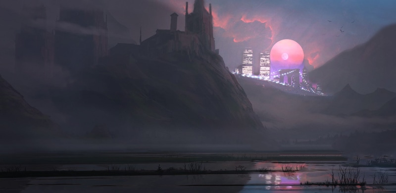 80s futuristic kingdom, blood moon of the 80s, interestellar sky of the 80s, 1080P, kingdom ruins, ruins  in the future, eclipse in a kingdom, fantasy art