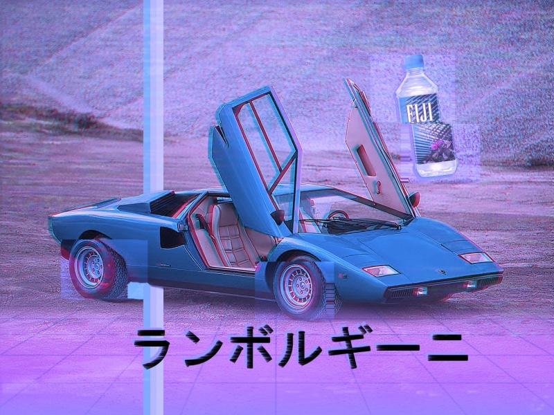 80s, glitch art, VHS, digital art, 720P, car, blue cars, Lamborghini, cars mascotte lamborgini voiture mascot like swag nice hd, vaporwave, vehicle