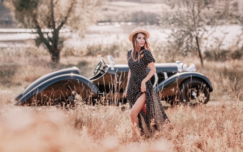 Style, Hat, Girl, Grass, Car, Retro, 1080P